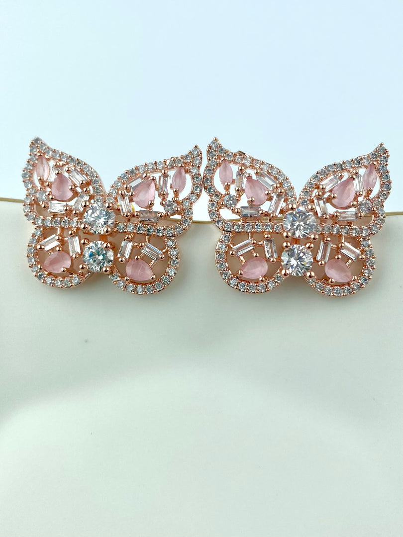 Rosy Pink White Diamond Butterfly Earrings