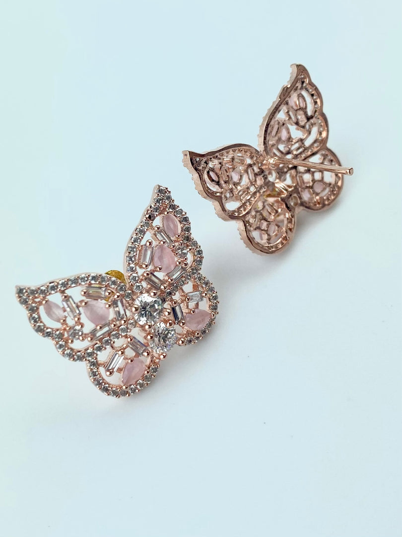 Rosy Pink White Diamond Butterfly Earrings