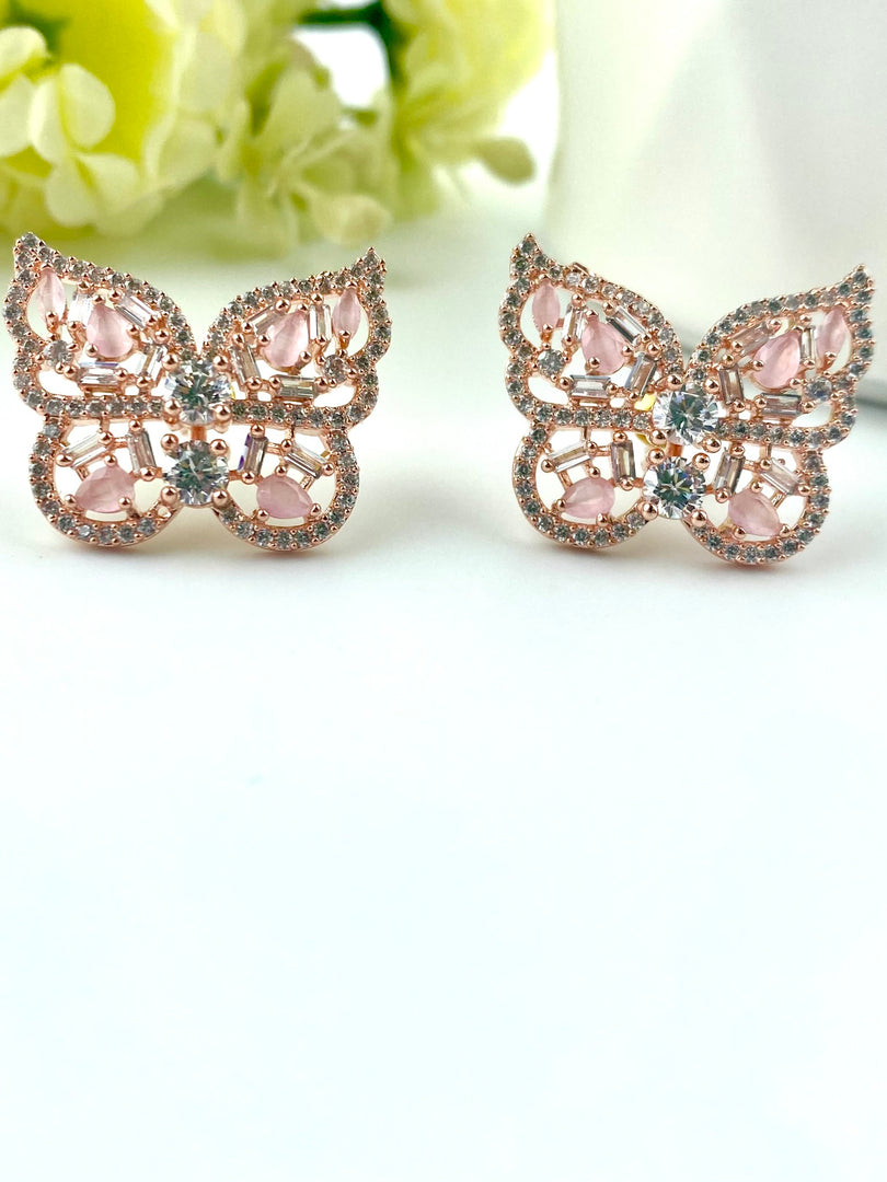 Rosy Pink White Diamond Butterfly Earrings