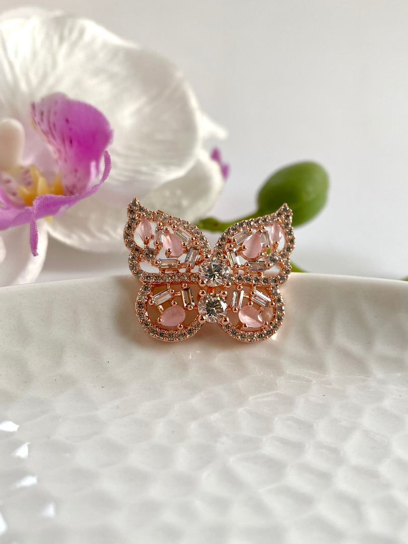 Rosy Pink White Diamond Butterfly Earrings