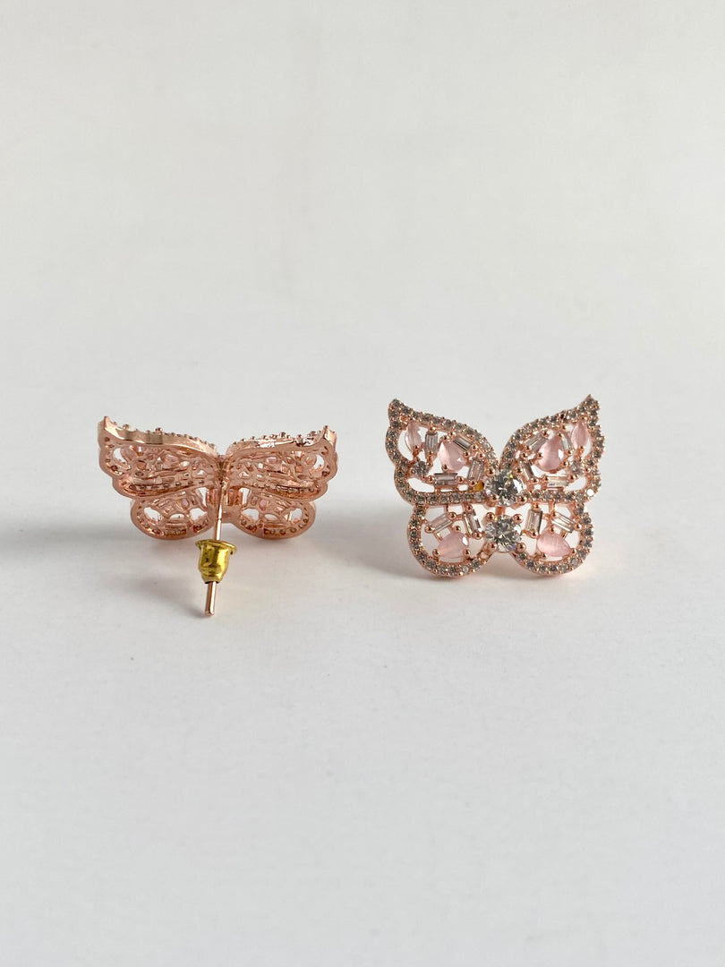 Rosy Pink White Diamond Butterfly Earrings