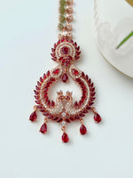 Load image into Gallery viewer, Shining Maroon Peacock Rose Gold Diamond Maang Tika
