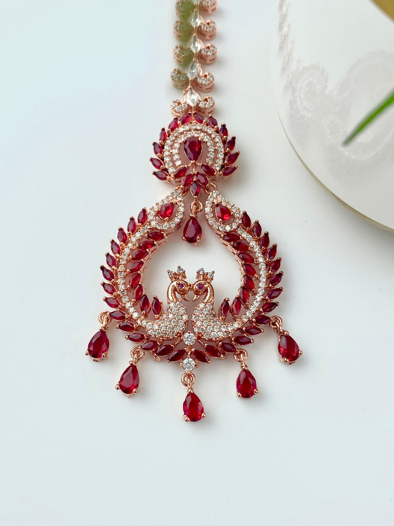 Shining Maroon Peacock Rose Gold Diamond Maang Tika