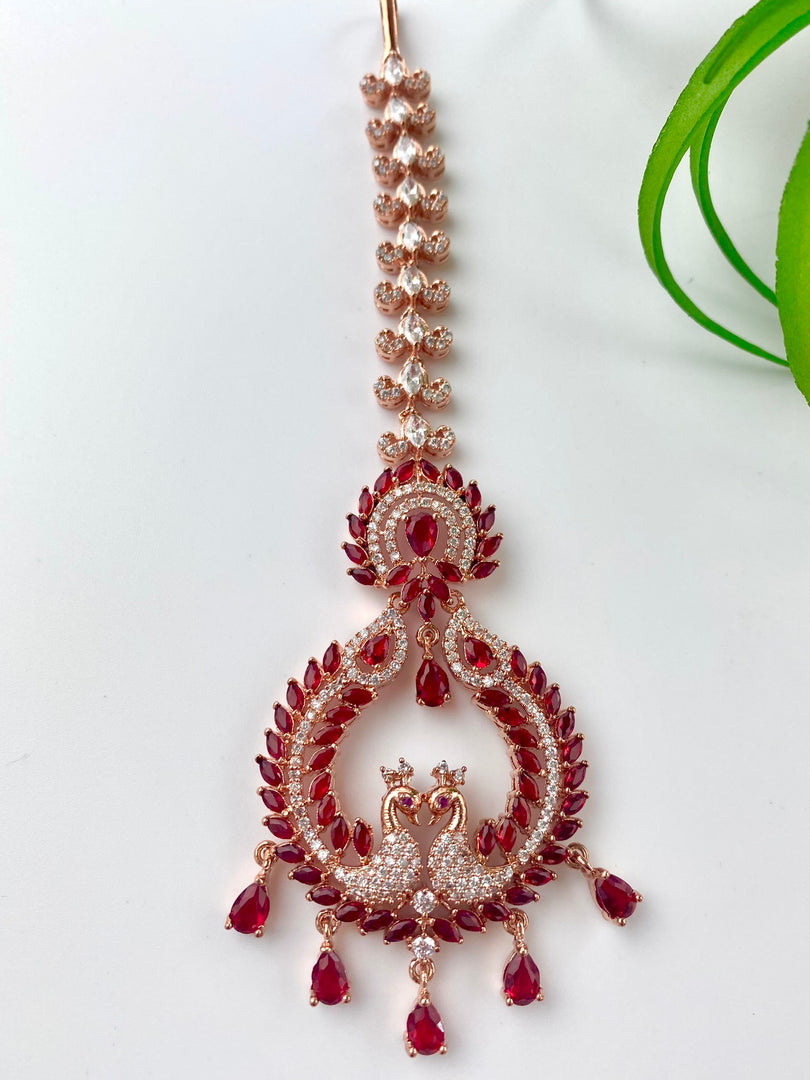 Shining Maroon Peacock Rose Gold Diamond Maang Tika