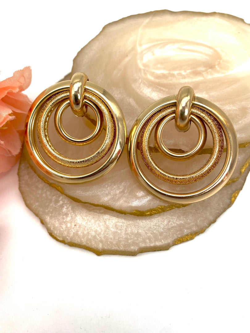 Three Layered Interlinked Big Gold Finish Earrings