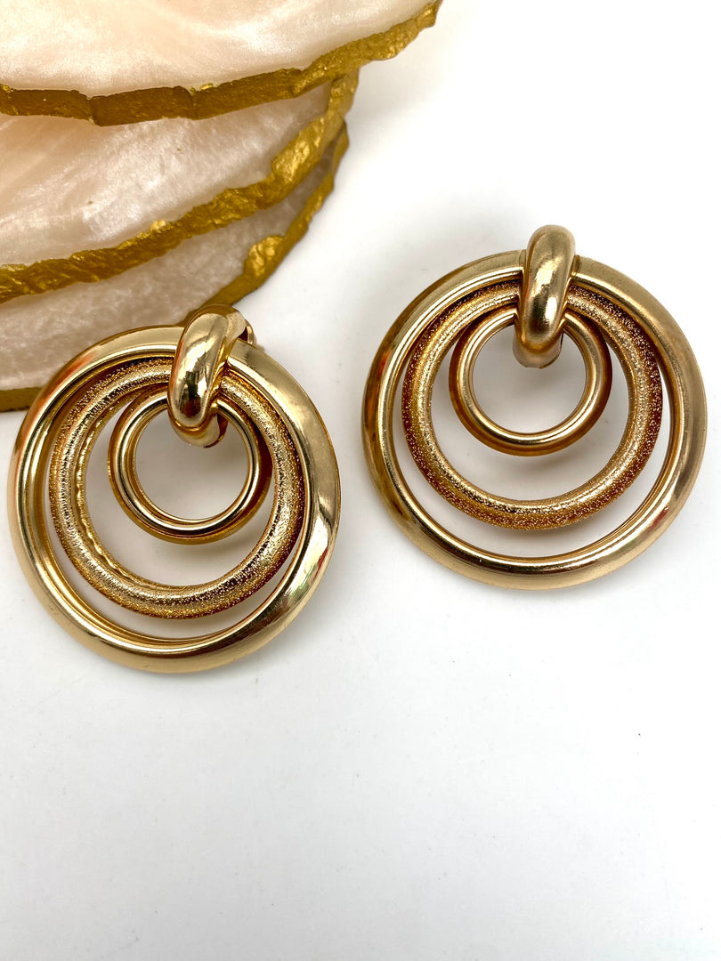 Three Layered Interlinked Big Gold Finish Earrings