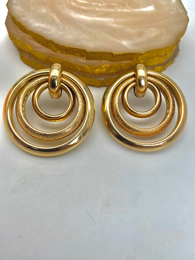Three Layered Interlinked Big Gold Finish Earrings